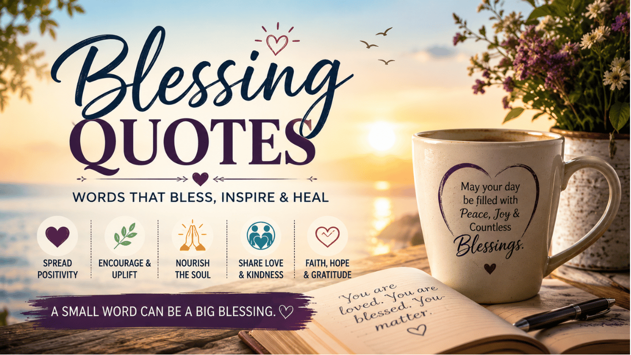 Feature image for Blessing Quotes featuring a peaceful sunrise, coffee mug, notebook, and inspiring messages about faith, hope, gratitude, and positivity.