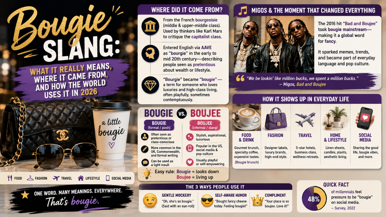 Bougie slang infographic showing its meaning, origin, bougie vs. boujee differences, and modern usage in fashion, food, travel, and social media.