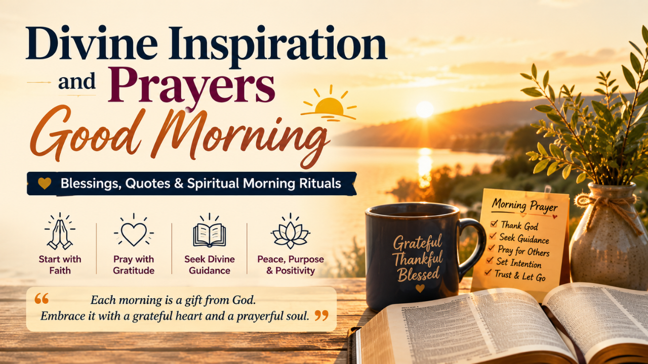 Feature image of Divine Inspiration and Prayers Good Morning with a peaceful sunrise, open Bible, coffee mug, prayer notes, and symbols of faith, gratitude, and spiritual morning rituals.