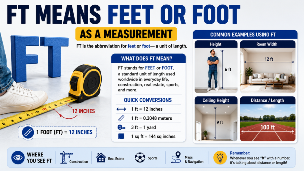 Infographic explaining that FT means feet or foot as a unit of measurement, with examples of room dimensions, height, distance, and quick conversion references.