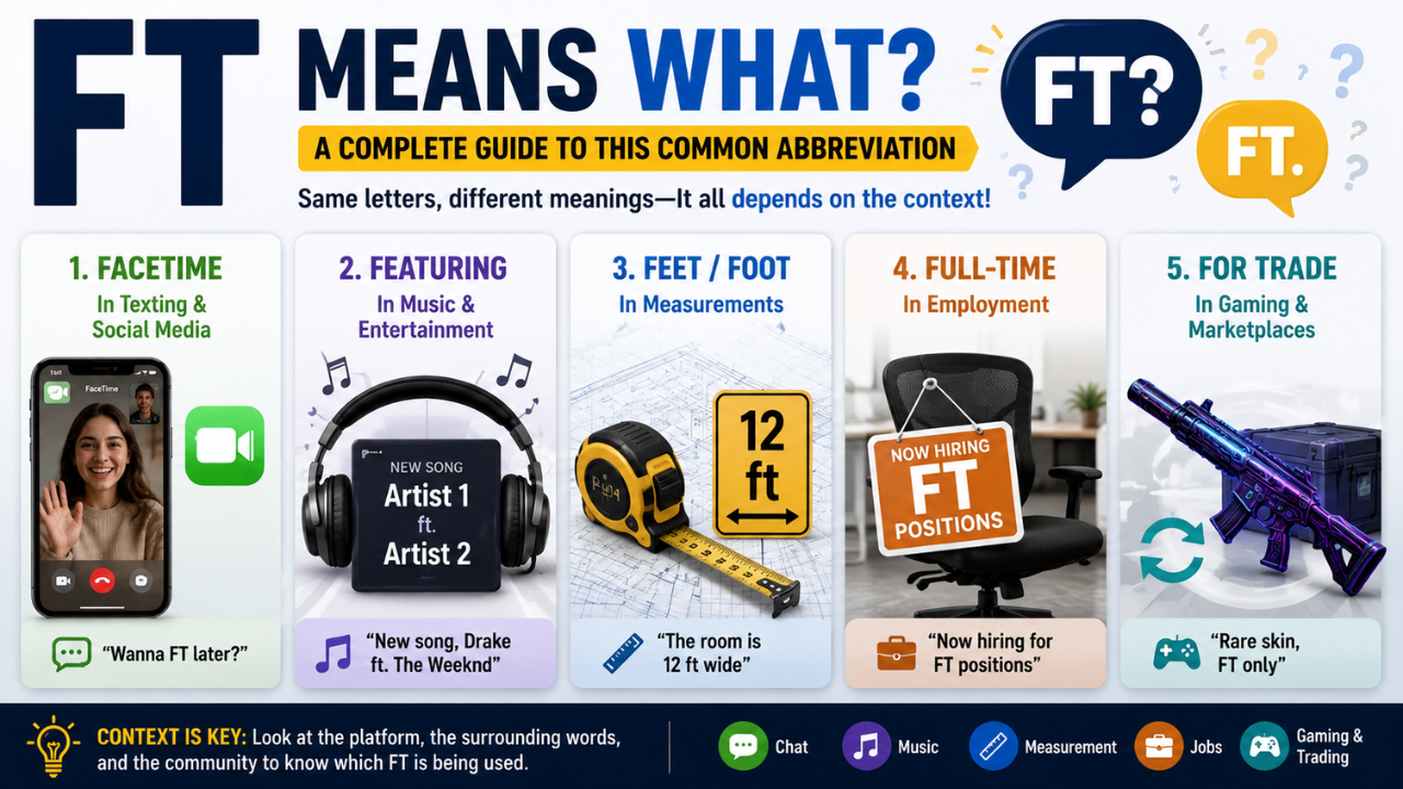 Feature image explaining FT means in different contexts, including FaceTime, featuring, feet, full-time, and for trade with visual examples.