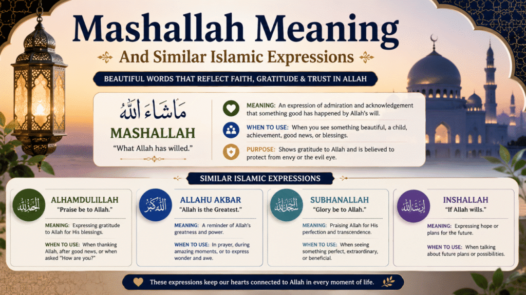 Infographic explaining the Mashallah meaning and similar Islamic expressions, including Alhamdulillah, Inshallah, Subhanallah, and Allahu Akbar with their meanings and uses.
