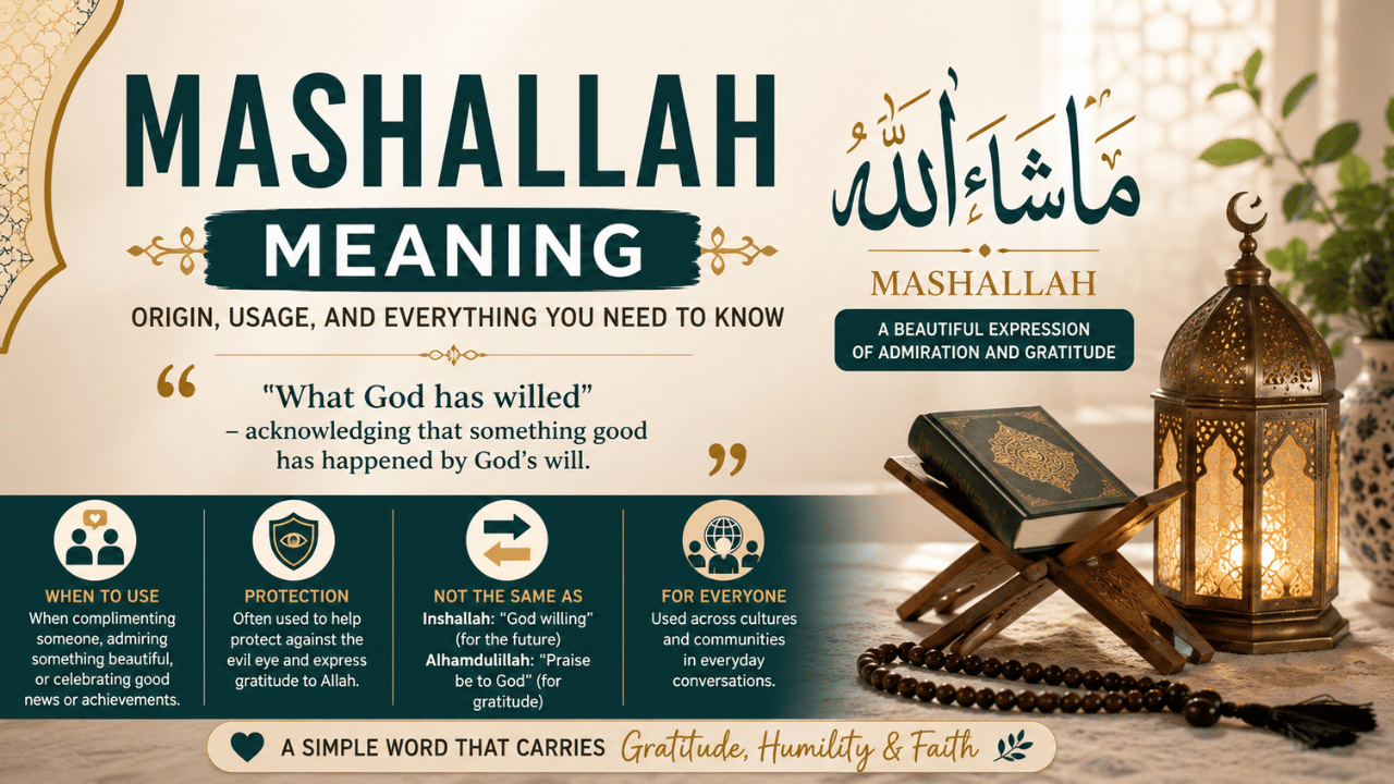 Feature image explaining the mashallah meaning with its Arabic phrase, English definition, usage, origin, and cultural significance.