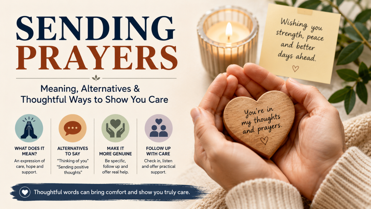 Sending Prayers meaning feature image with comforting hands, candlelight, heartfelt support message, and thoughtful alternatives to express care.