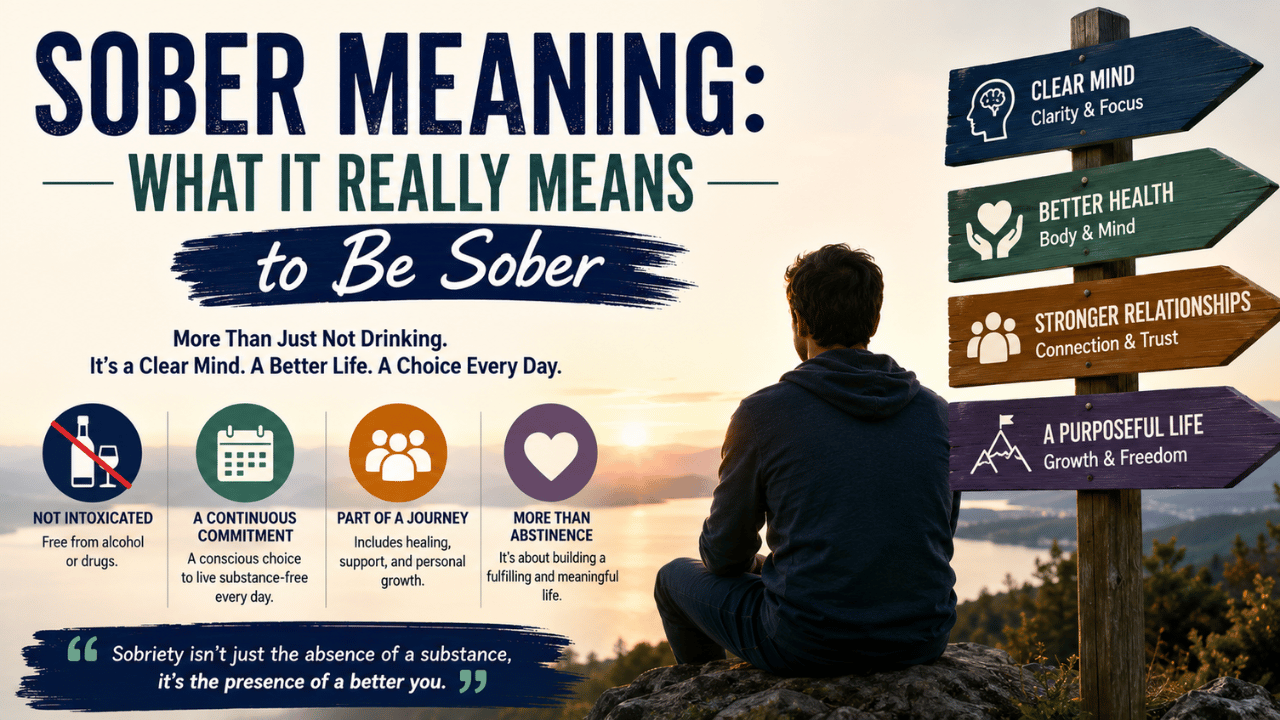 Sober meaning infographic explaining what it means to be sober, including clear mind, better health, stronger relationships, and personal growth.