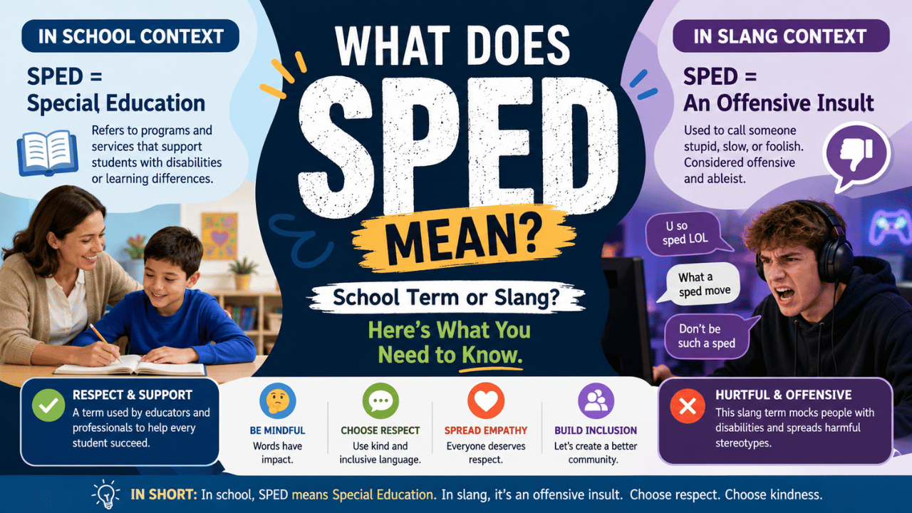 Feature image explaining the sped meaning in school and slang contexts, highlighting Special Education, respectful language, and the difference between educational and offensive usage.