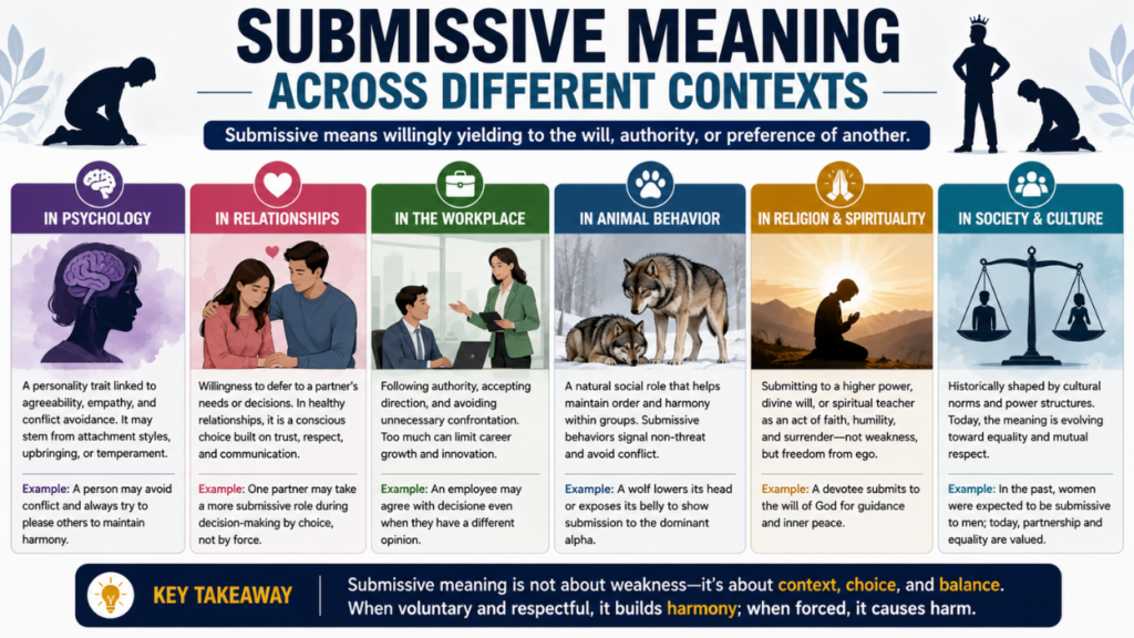 Submissive meaning across different contexts including psychology, relationships, workplace, animal behavior, religion, and society.