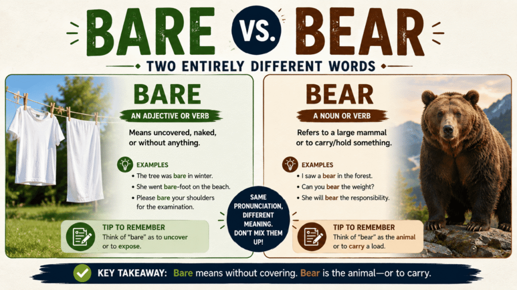 Infographic comparing bare vs. bear, showing their different meanings, examples, pronunciation, and tips for remembering when to use each word.