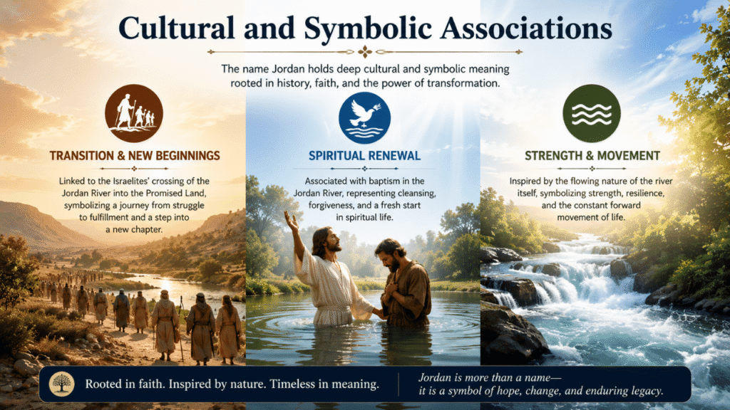 Cultural and symbolic associations of the name Jordan, representing new beginnings, spiritual renewal, and strength through the Jordan River.