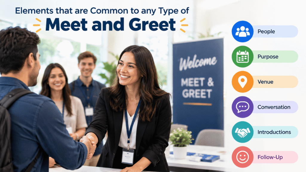 People greeting and networking at an event, highlighting common elements of meet-and-greet interactions such as introductions, conversation, venue, and follow-up.
