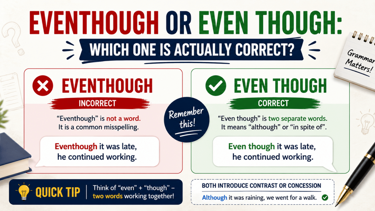 Eventhough or even though spelling comparison showing that “even though” is the correct form.