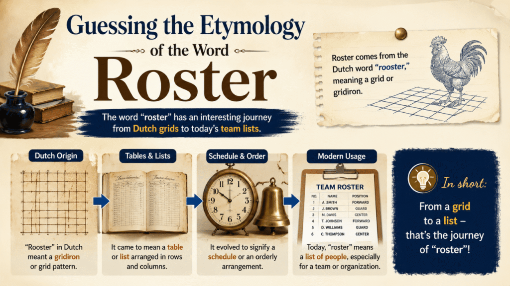 Infographic explaining the etymology of “roster,” tracing its Dutch origin from “rooster” meaning a grid or gridiron to its modern meaning as an organized list of people.