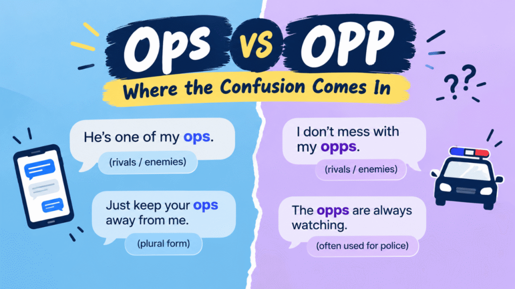 Ops vs OPP comparison graphic explaining the differences between the slang terms and their meanings.
