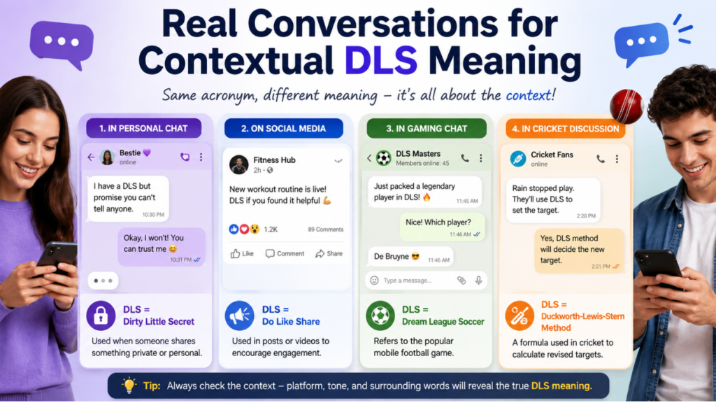 Illustration explaining DLS meaning with examples from chats, Dream League Soccer, and the Duckworth-Lewis-Stern method.