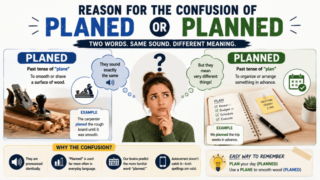 Infographic explaining the reason for confusion between “planed” and “planned,” showing their different meanings, identical pronunciation, usage examples, and easy spelling tips.