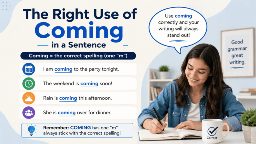 The right use of “coming” in a sentence, with correct spelling examples and grammar tips.