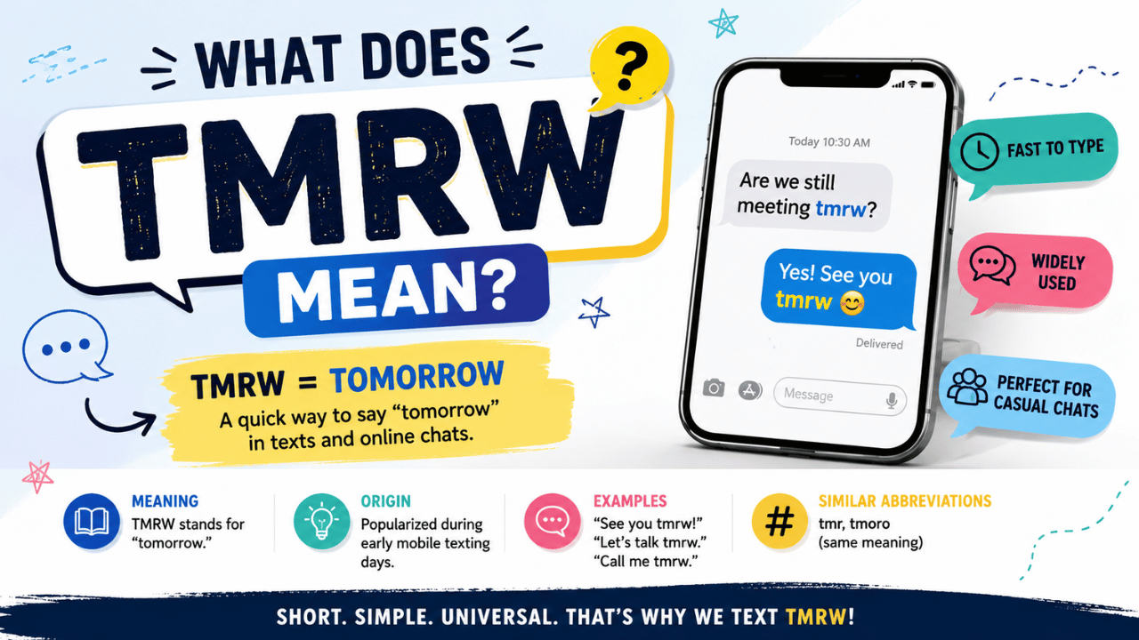 Feature image explaining TMRW meaning with a smartphone text conversation, showing that TMRW stands for "tomorrow" and highlighting its use in texting, chats, and social media.
