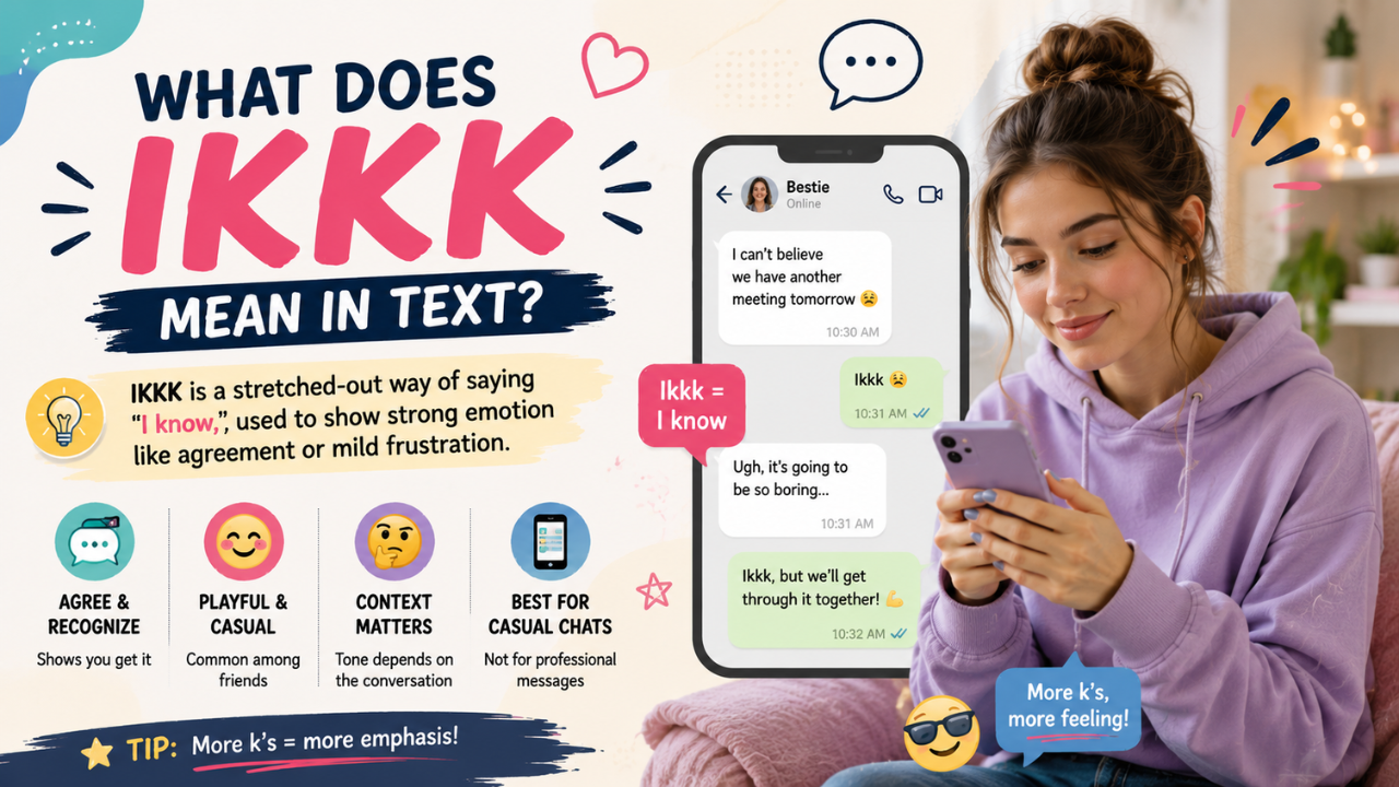 Feature image explaining what does ikkk mean in text messages, featuring a smartphone chat, modern infographic, and examples showing how "ikkk" expresses agreement, emotion, and casual texting slang.