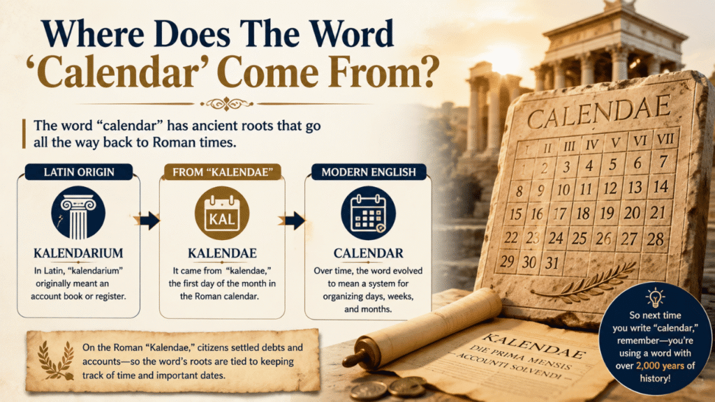 Infographic explaining the origin of the word “calendar,” from the Latin kalendarium and kalendae to modern English.