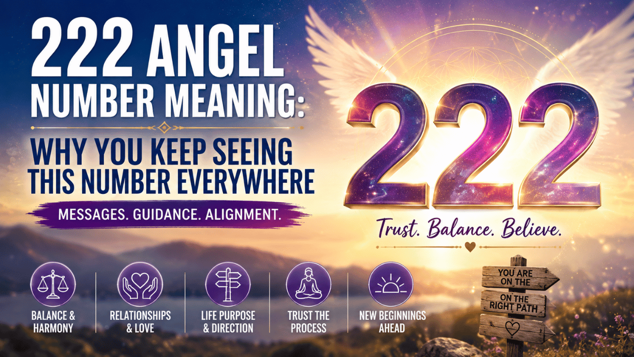 222 angel number meaning infographic showing balance, relationships, life purpose, trust, new beginnings, and spiritual symbolism.