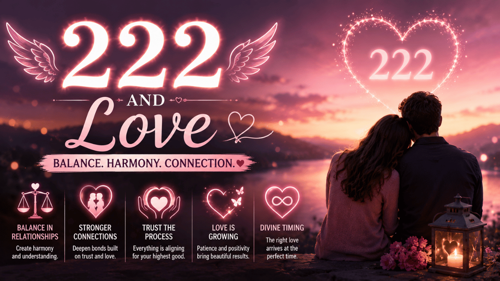222 and love infographic showing relationship balance, harmony, trust, stronger connections, and divine timing.