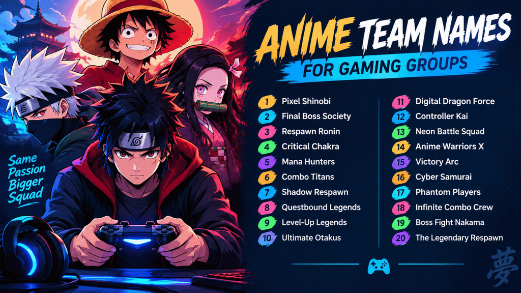 Anime team names for gaming groups featuring a group of anime-inspired gamers and popular gaming squad name ideas.