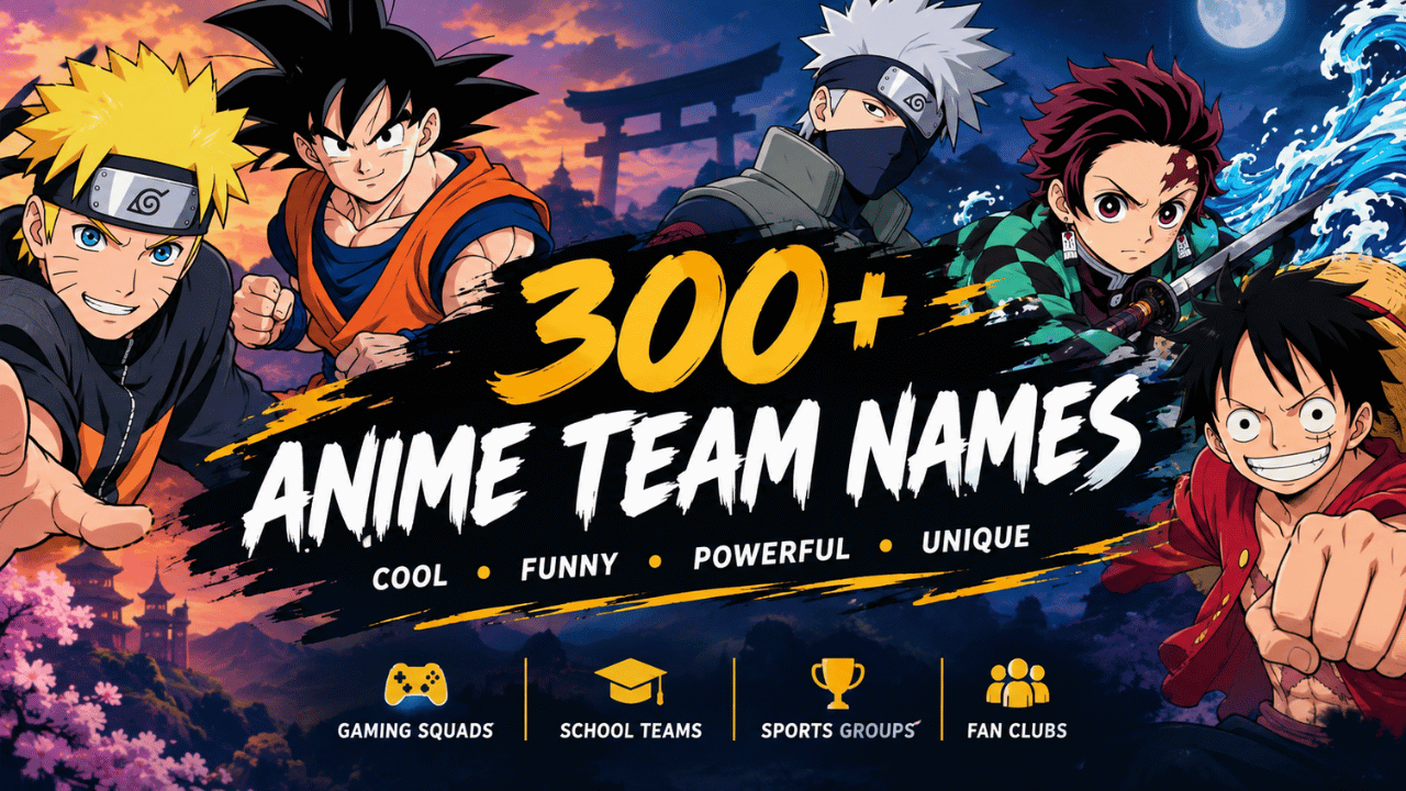 300+ anime team names banner featuring cool, funny, powerful, and unique ideas for gaming, school, sports, and fan groups.