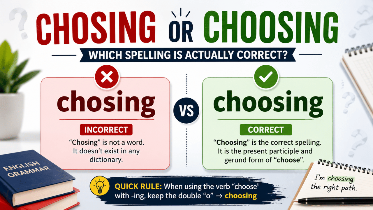 Chosing or choosing spelling comparison showing “chosing” as incorrect and “choosing” as the correct spelling.