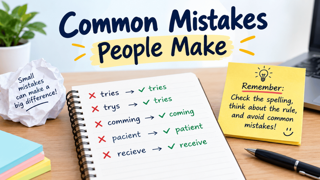 Common spelling mistakes with examples of incorrect and correct words.