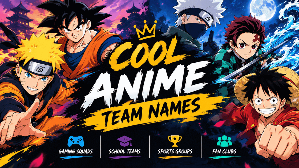 Cool anime team names banner featuring powerful anime-inspired characters, dynamic colors, and bold typography for gaming squads, school teams, sports groups, and fan clubs.