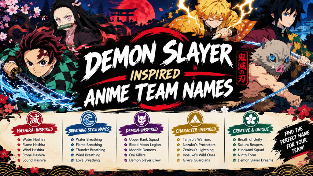 Demon Slayer-inspired anime team names banner featuring sword-wielding characters, Hashira themes, breathing styles, demon-inspired ideas, and creative team names.