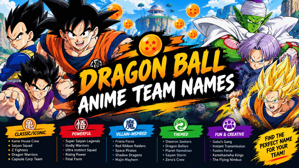 Dragon Ball anime team names banner featuring iconic characters, Dragon Balls, and powerful, funny, villain-inspired, and creative team name ideas.