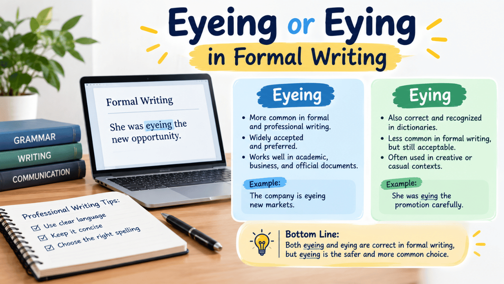 Eyeing or Eying in formal writing, comparing both spellings with examples and guidance on their use in professional writing.