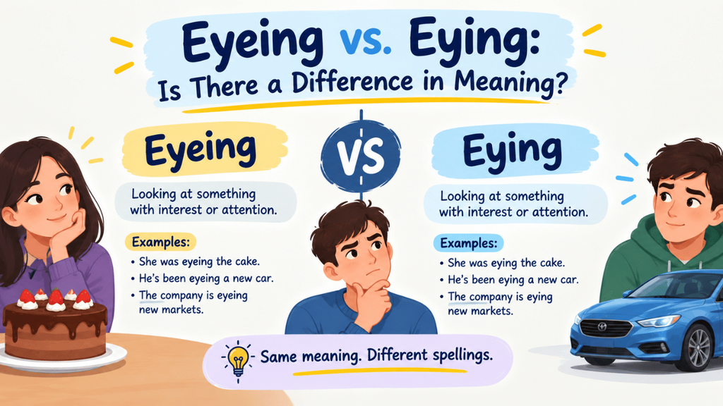 Eyeing vs. eying comparison showing both spellings have the same meaning, with examples and everyday illustrations.