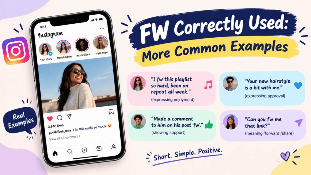 FW slang usage graphic showing common examples of “FW” in Instagram comments, captions, and casual social media conversations.