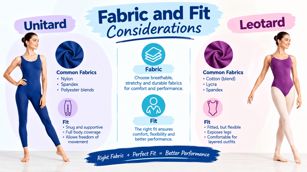Fabric and fit considerations for unitards and leotards, comparing stretch materials, coverage, comfort, flexibility, and fit.