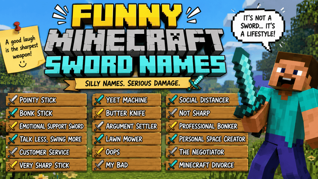 Funny Minecraft sword names infographic showing playful names like Pointy Stick, Yeet Machine, Bonk Stick, Butter Knife, and Professional Bonker.