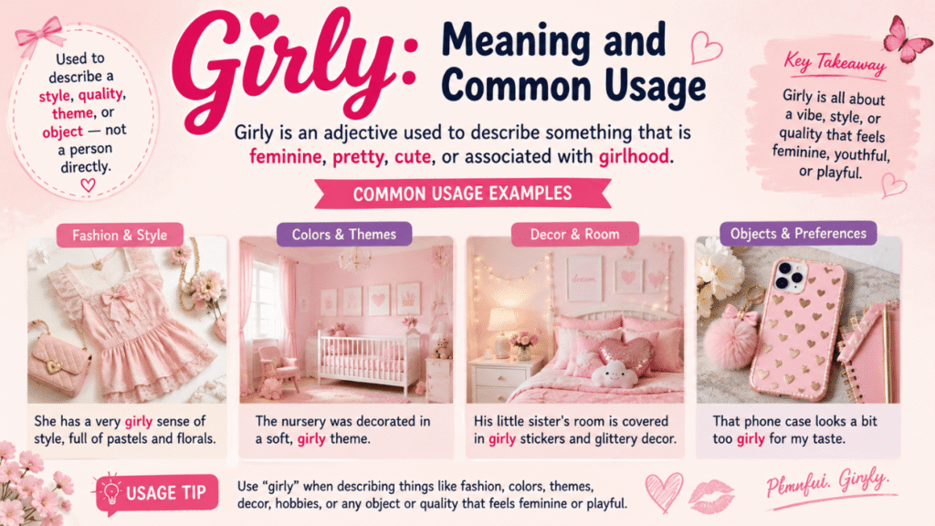 Girly meaning and common usage explained with examples of feminine fashion, colors, room decor, and accessories.
