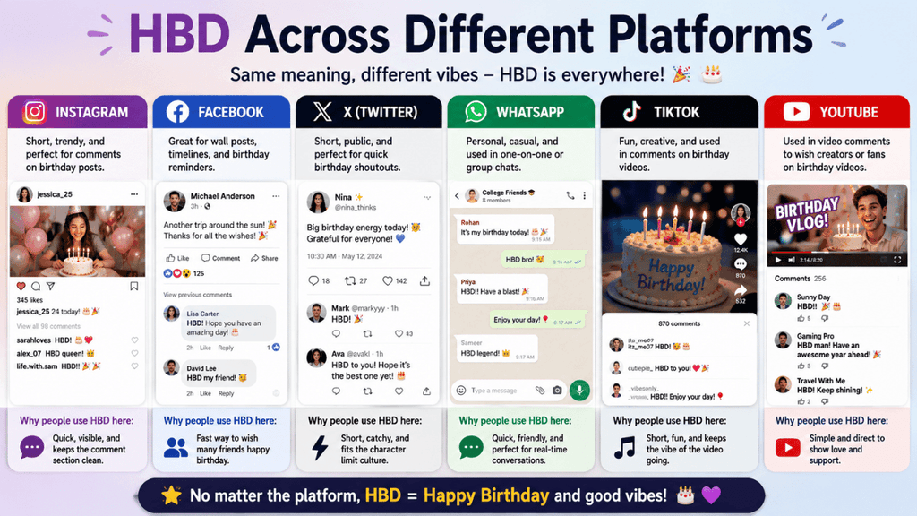 HBD across different platforms showing how the abbreviation ‘Happy Birthday’ is used on Instagram, Facebook, X, WhatsApp, TikTok, and YouTube.