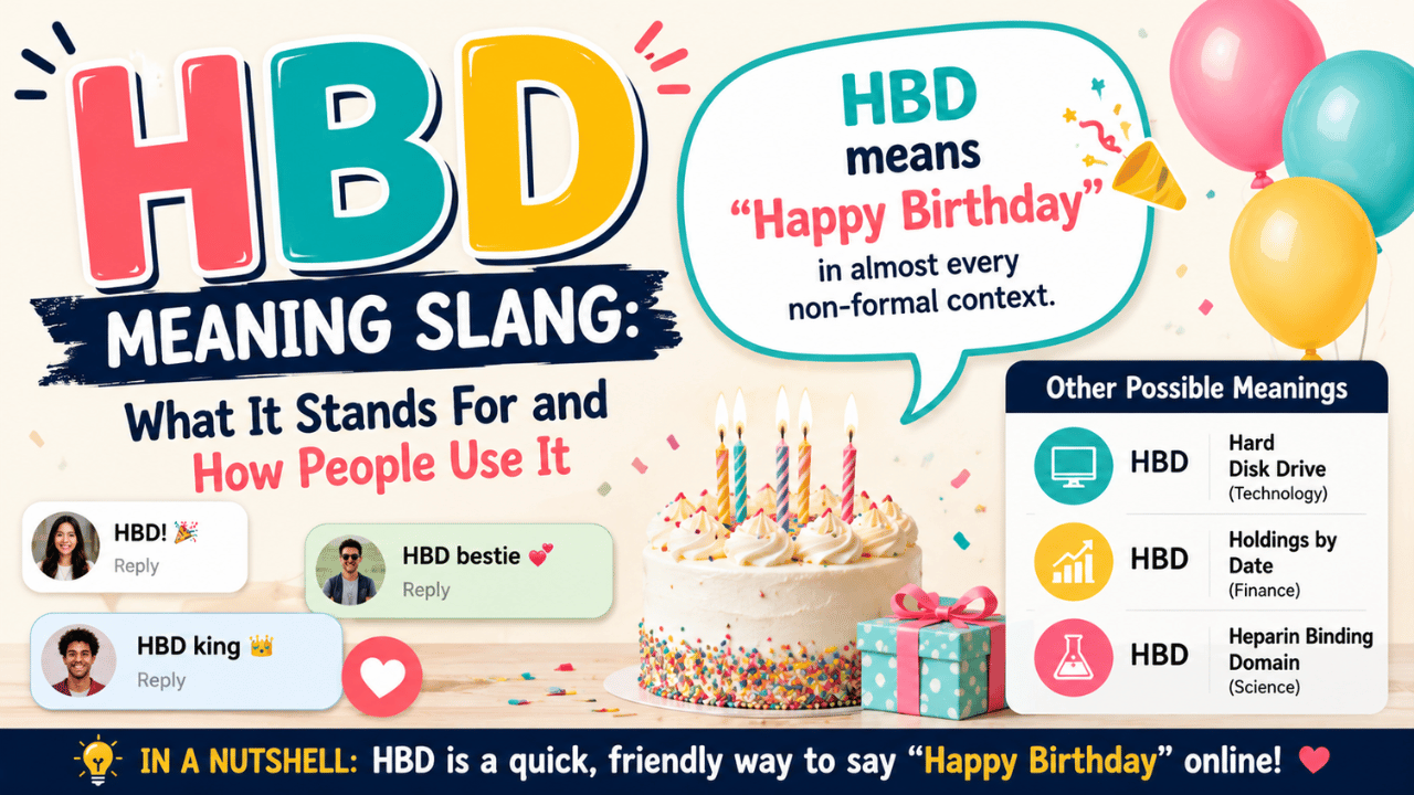 HBD meaning slang feature image explaining HBD as ‘Happy Birthday’ with social media examples, birthday decorations, and other possible meanings.