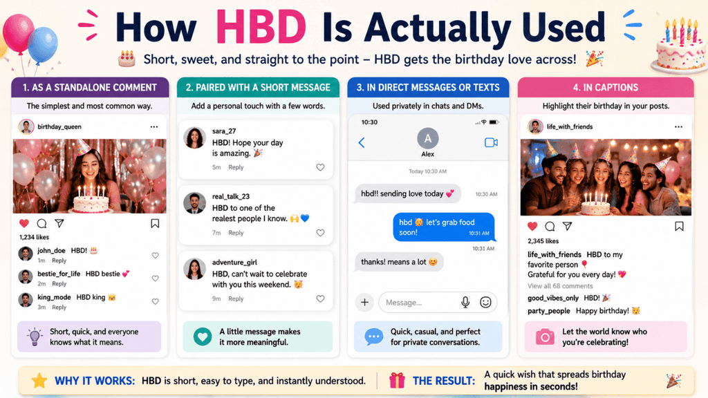 How HBD is actually used in standalone comments, short messages, direct messages, texts, and birthday captions on social media.