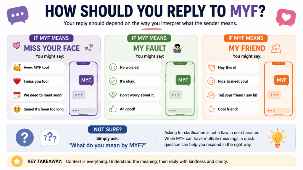 Infographic showing how to reply to MYF based on whether it means “Miss Your Face,” “My Fault,” or “My Friend.”
