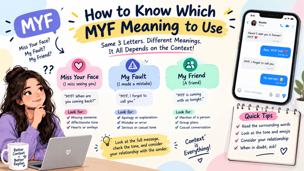 How to know which MYF meaning to use, featuring a smartphone chat and visual examples of “Miss Your Face,” “My Fault,” and “My Friend” with context clues and quick tips.