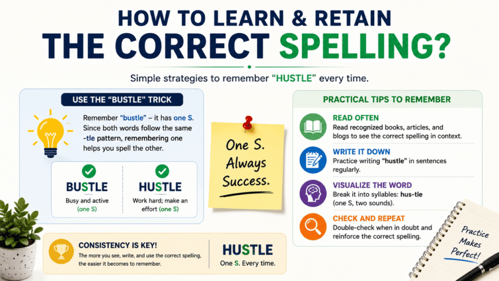 How to learn and retain the correct spelling of “hustle,” featuring the “bustle” memory trick, writing practice, visualization, and the reminder that “hustle” has one S.