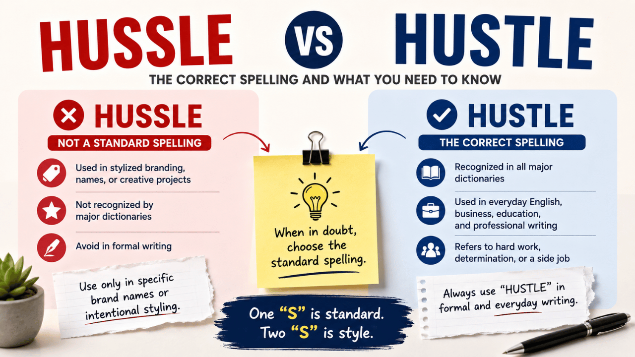 Hussle vs hustle spelling comparison infographic showing that “hustle” is the correct standard spelling, while “hussle” is generally a nonstandard or stylized version.