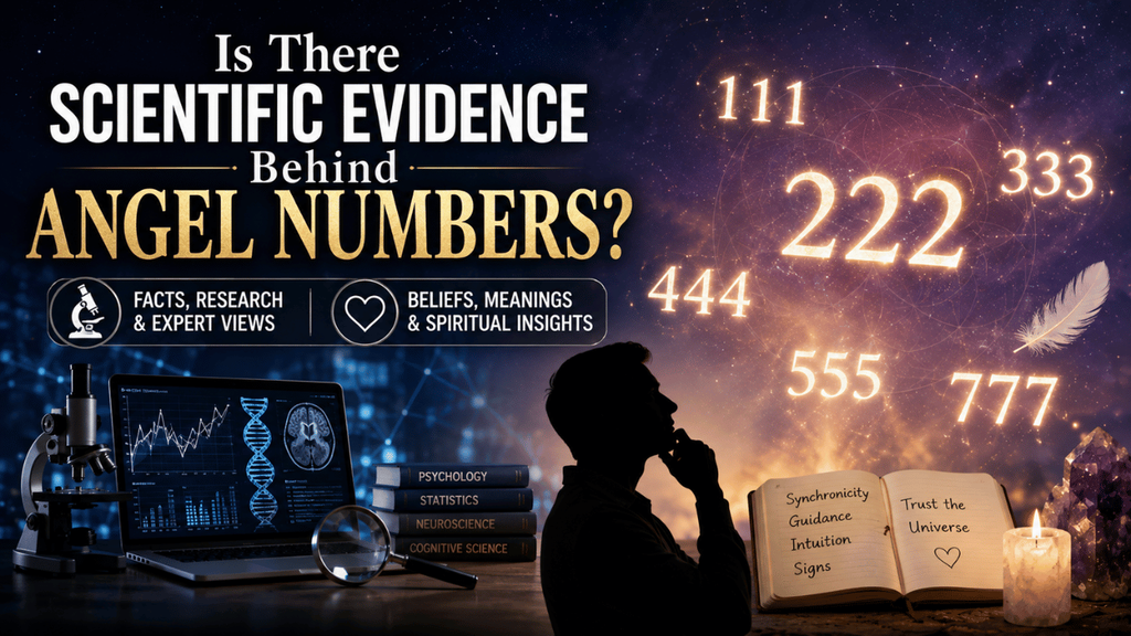 Scientific evidence behind angel numbers infographic comparing scientific research, psychological explanations, and spiritual beliefs about repeating numbers.
