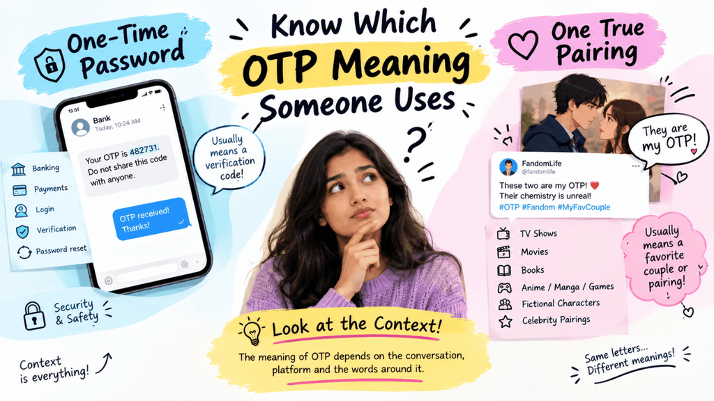 OTP meaning guide showing a phone verification code and a fictional couple representing “One True Pairing.”