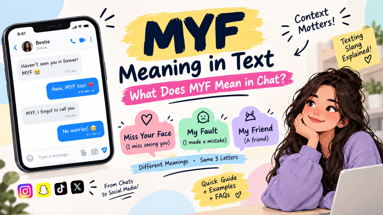 MYF meaning in text feature image showing a smartphone chat and explanations of MYF as “Miss Your Face,” “My Fault,” and “My Friend.”