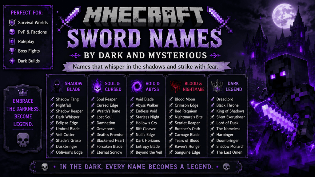 Minecraft sword names by dark and mysterious themes, featuring shadow, cursed, void, nightmare, and dark legend sword name ideas.