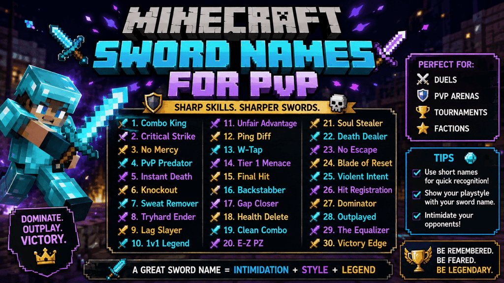 Minecraft sword names for PvP infographic featuring powerful sword name ideas for duels, PvP arenas, tournaments, and competitive gameplay.